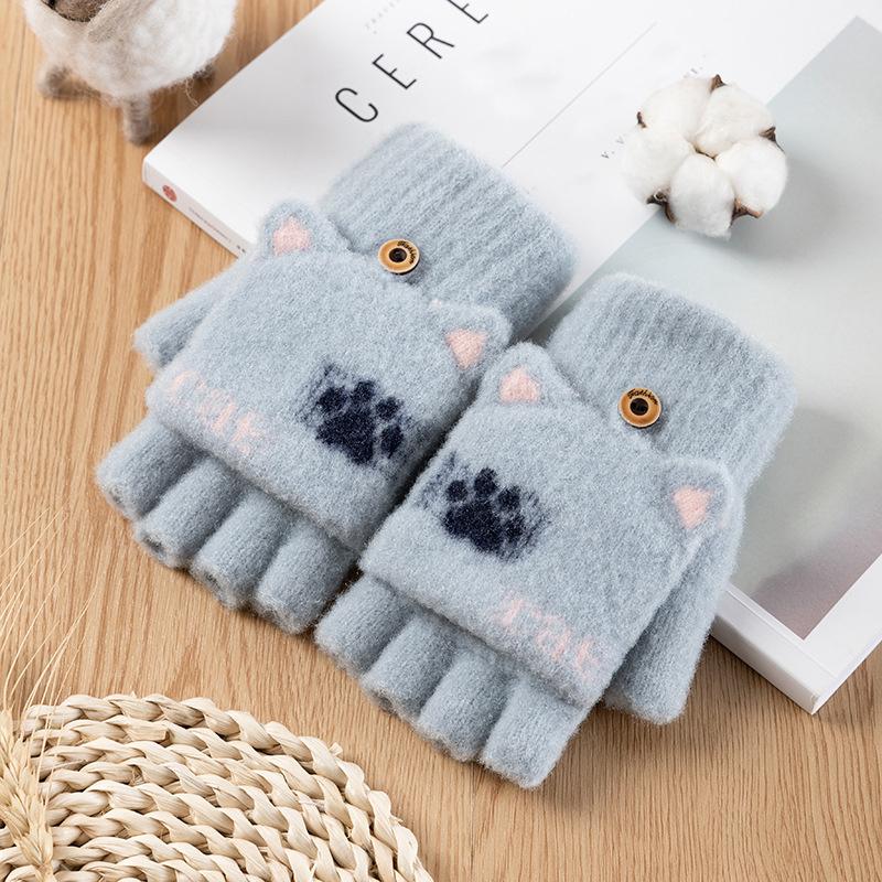 Женские зимние перчатки с милым рисунком, откидные теплые студенческие вязаные перчатки с полупальцами для письма