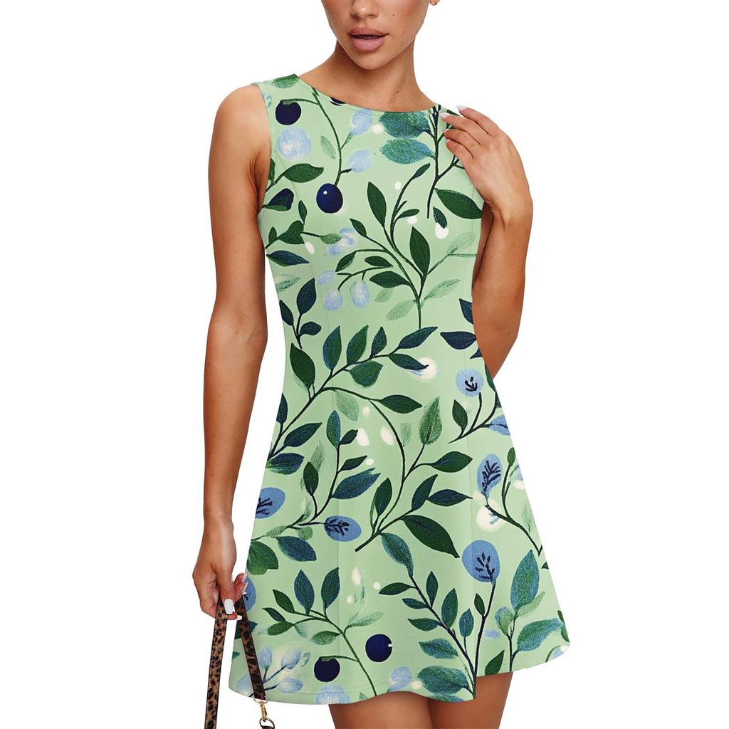 Women's Summer Dress Casual Sleeveless Round Neck Classical Leaf Print Vest Sundress