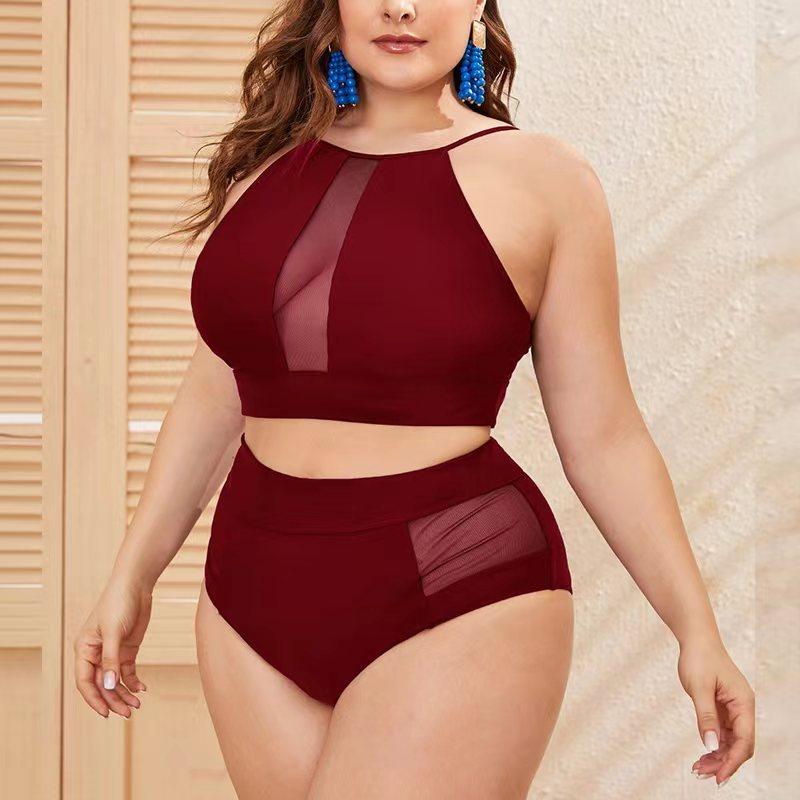 Plus Size Solid Mesh Swimsuit High Neck Halter Swimwear Women Sexy Patchwork Swimming Suit for Women Sexy Swimsuit High Waisted Bikini Two Piece