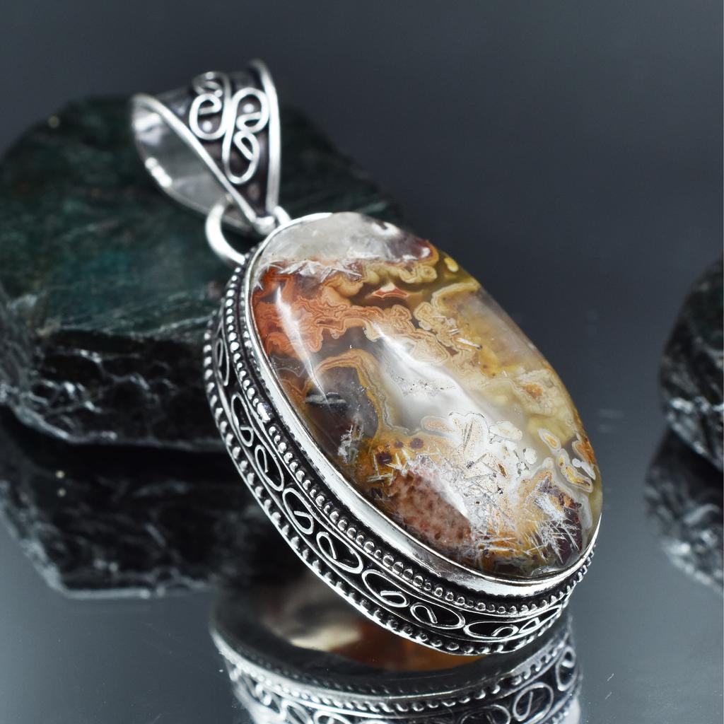 Oval Cut 78.80 Ct Lace Agate Pendant Healing Stone 925 Silver Gemstone CERTIFIED AR-1693-S