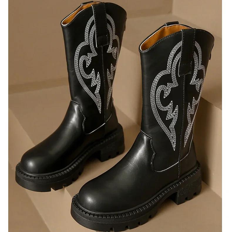 Вышитые Ковбойские Для Женщин Новые Круглый Носок Платформа Сапоги Ретро Классические Западные Ковбойские Модные До середины икры