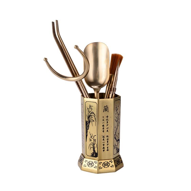 Copper Tea Ceremony Six Tools Set With Caddy Teaspoon Pick Tongs Brush Kung Fu Making