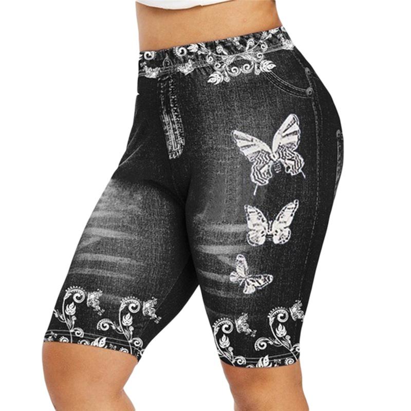 Plus Size 3D Print Capri Leggings For Women Faux Denim Women Fashion Jegging Shorts
