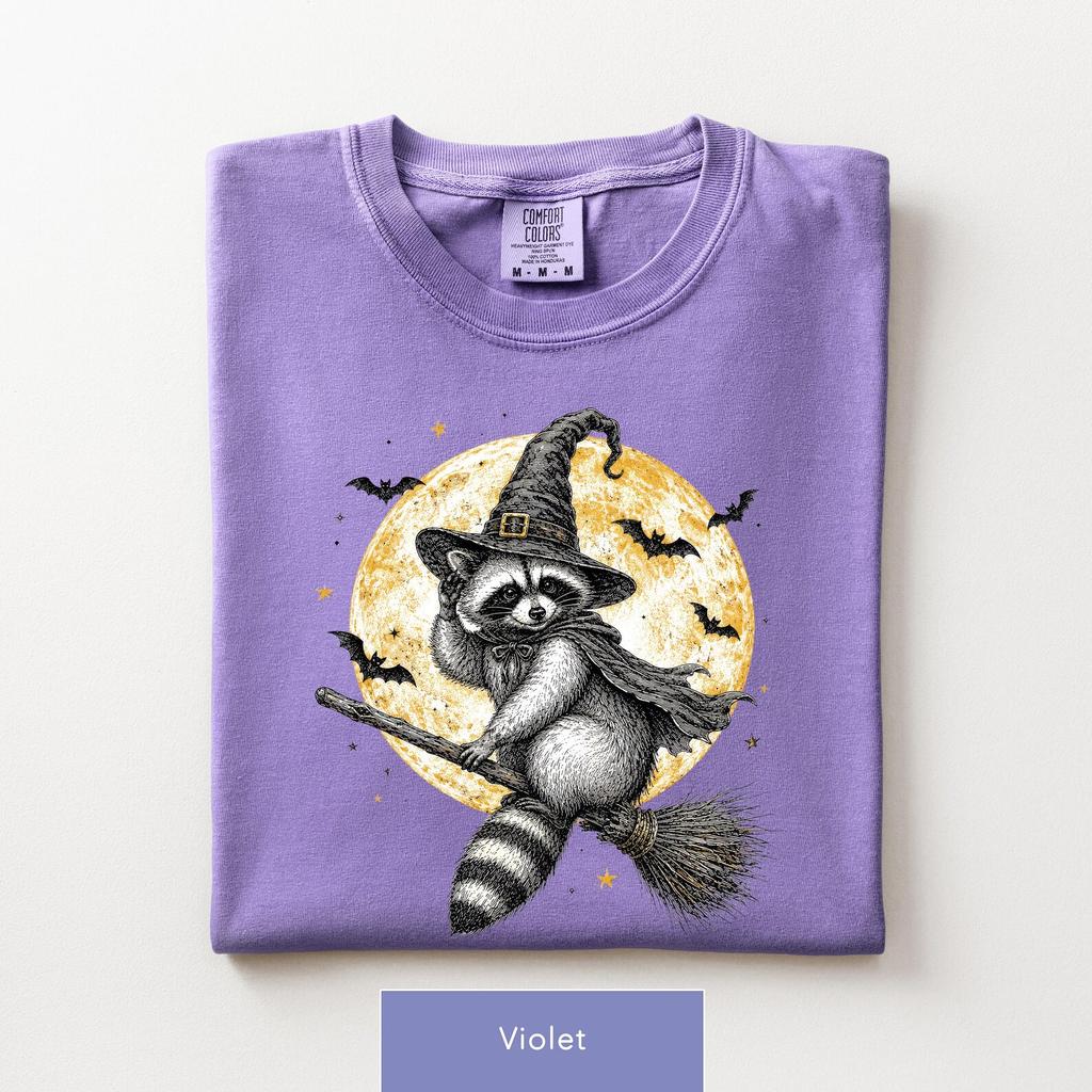 Comfort Colors Raccoon Witch Shirt and kids tshirt, Halloween Animal Tee, Vintage Spooky Season T-Shirt and kids tshirt, Moon and Bats Graphic