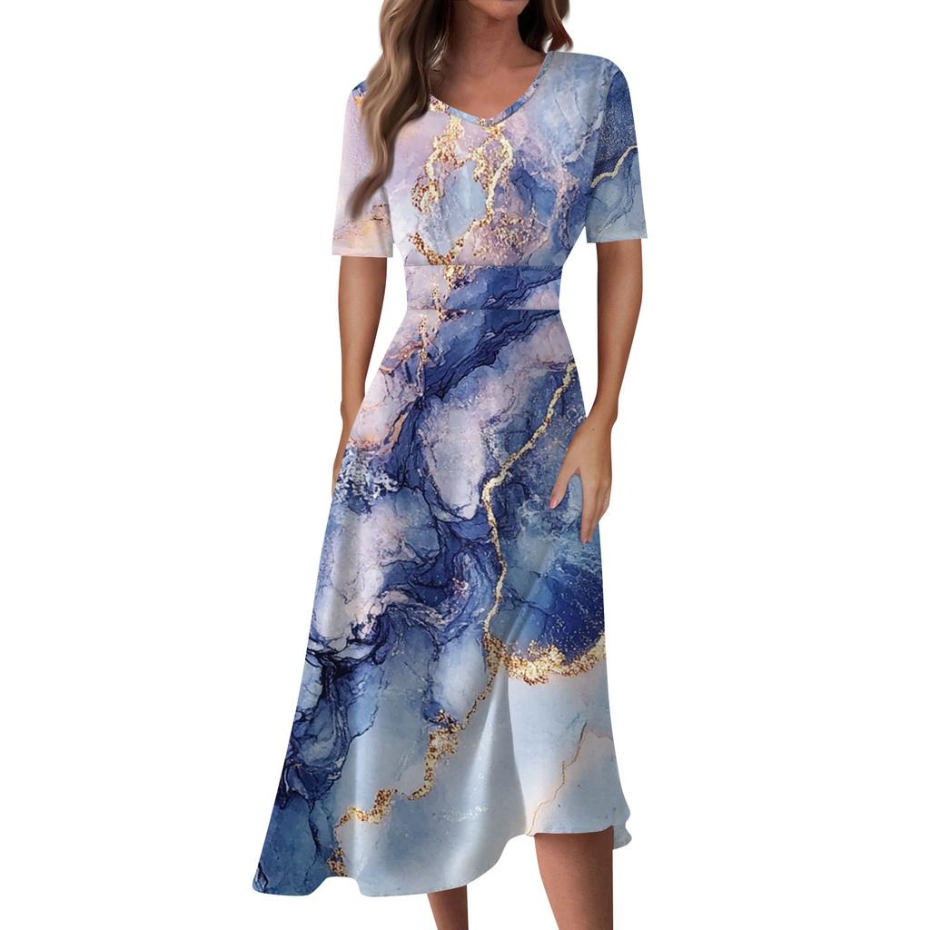 Ladies Casual Fashion Gradient Print V-Neck Short Sleeve Waist Long Swing Dress
