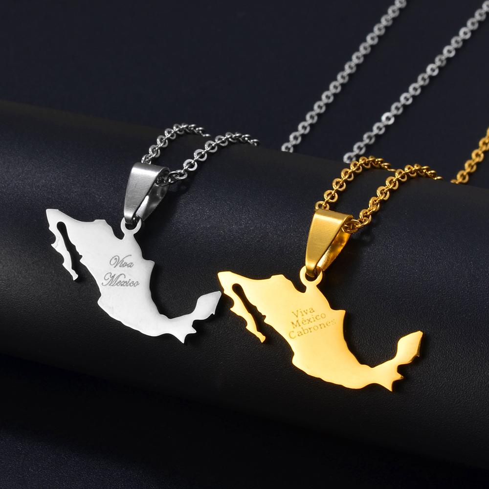 Anniyo Viva Mexico Map Pendant Necklace for Women Girls Men Mexican Maps Stainless Steel Metal Jewelry #279221