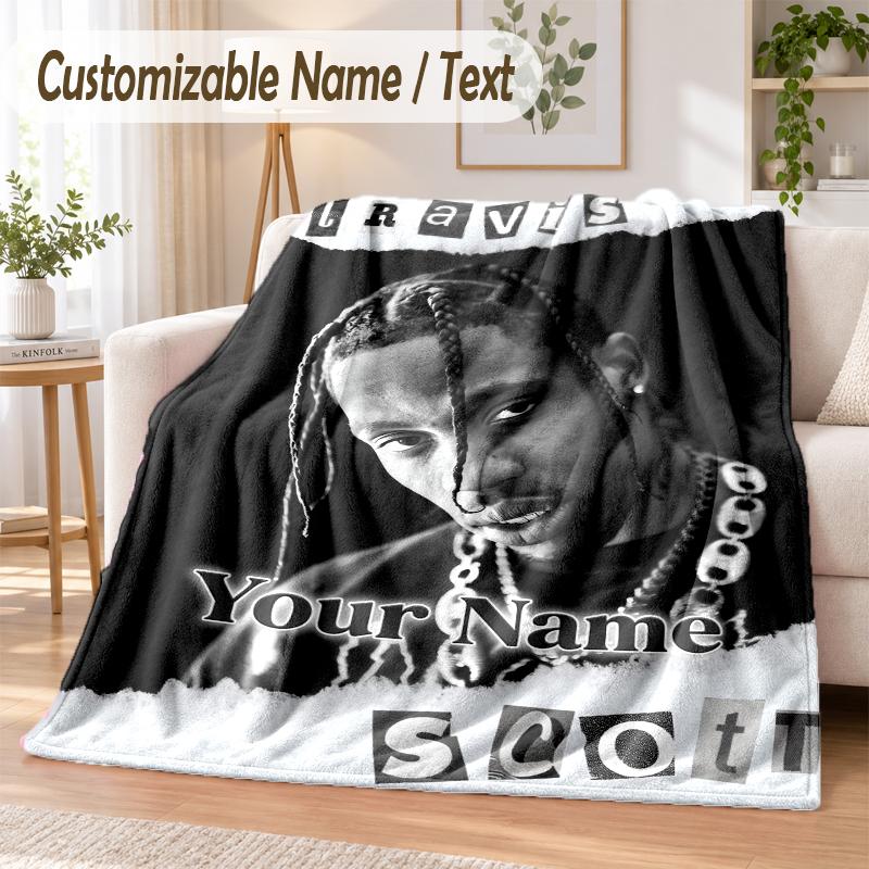 Travis Scott Custom Name Flannel Throw Blanket Soft Warm for Sofa Bed Indoor Home Use