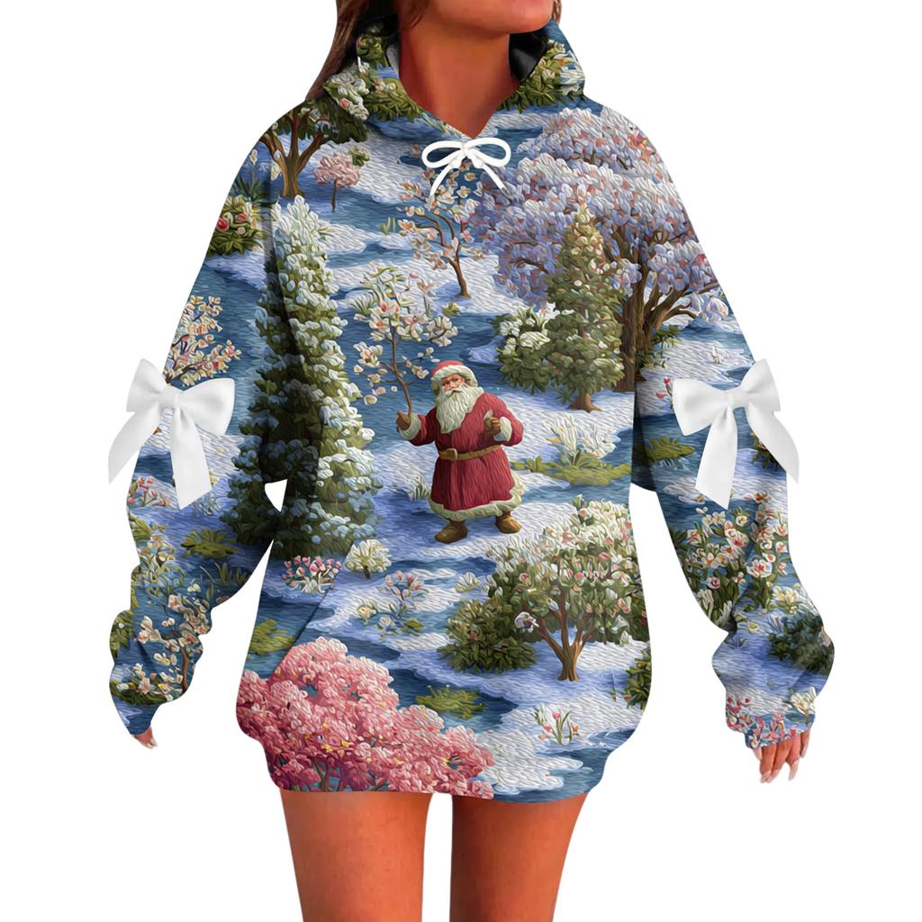 Женский рождественский с принтом банта, с длинными рукавами, свободного кроя, повязка на голову с веревкой, худи-топ с капюшоном