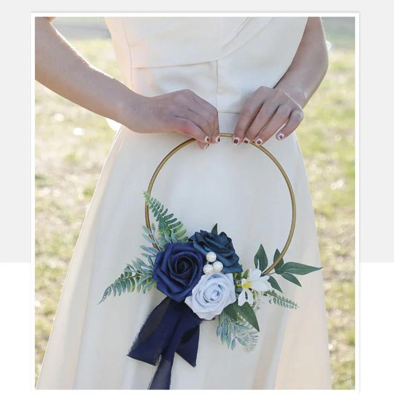 Bridesmaid Gold Hoop Bouquet for Wedding Bridal Shower Ceremony Artificial Rose Flower Hoop Wreath Front Door Wall Decoration