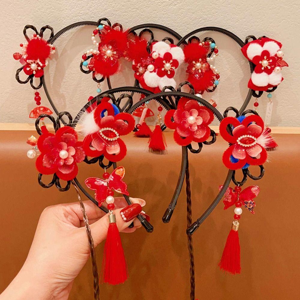 Tassel Chinese New Year Headwear Braid Hair Hanfu Hair Sticks Cute Red Bow Hairband Children