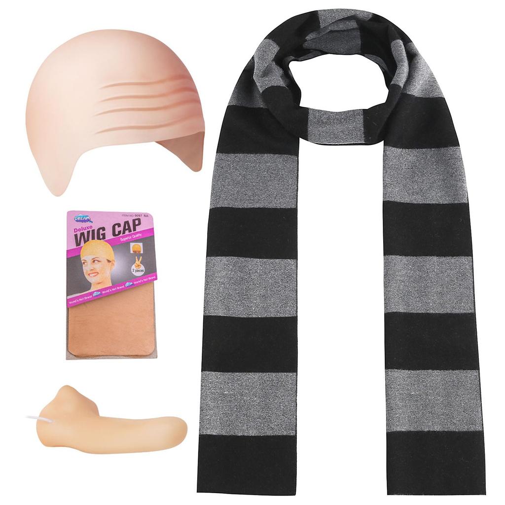 4Pcs Costume Accessories Adult Men Women Cosplay Party Set Black Gray Striped Scarf/Fake Nose/Bald Head Wig Cap