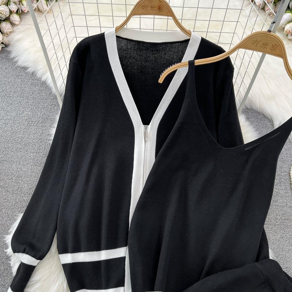 Осень-зима, винтажный однотонный вязаный свитер, брюки, комплект из 3 предметов, женский спортивный костюм, куртка на молнии с длинными рукавами, пальто, жилет, брюки, наряды