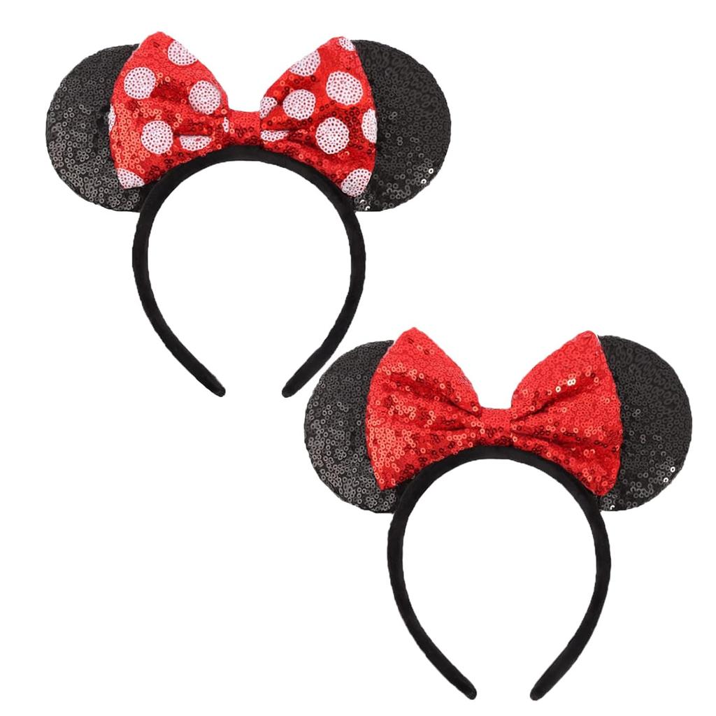 Shiny Sequin Mouse Ear Headbands, 2 PCS Classic Bow Headbands for Adult Women and Girls (Red Sequin & Red Dot)