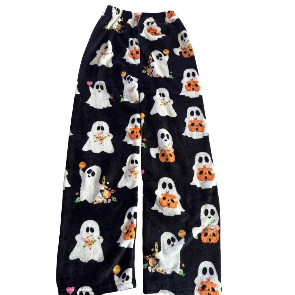 Хэллоуинские мультяшные фланелевые штаны для сна с кошкой - Женская теплая велюровая домашняя одежда для осени/зимы