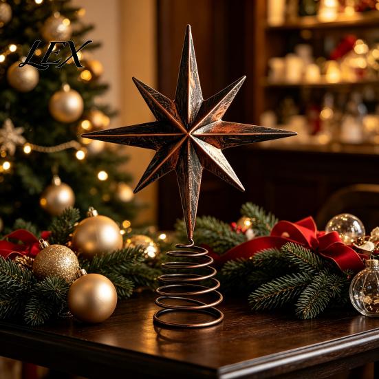 Vintage Metal Star Topper Distressed Eight-pointed Christmas Tree with Stable Spiral Durable Iron Holiday Decor Spring Base, Ornament for Party
