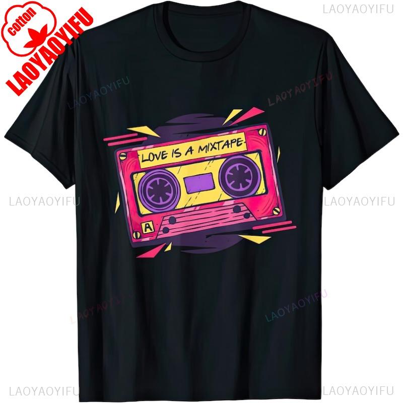 Cotton Summer Love Is A Mixtape Tee Short Sleeve Casual Shirt Retro Music Vintage Gift Graphic Top for Men Women Streetwear