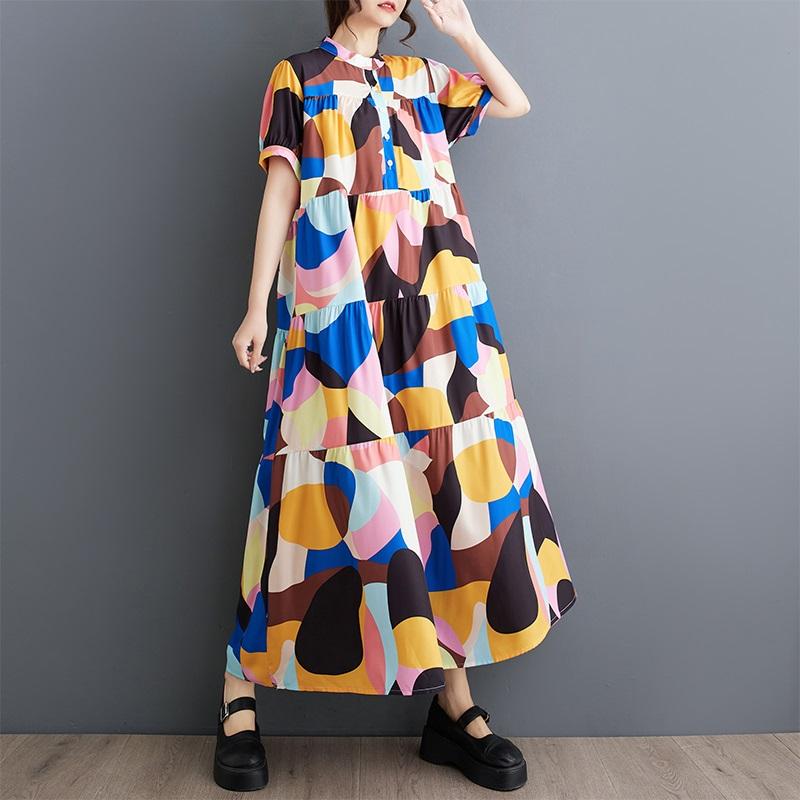 Новое винтажное платье с цветочным принтом больших размеров с коротким рукавом для женщин, повседневное свободное длинное летнее платье