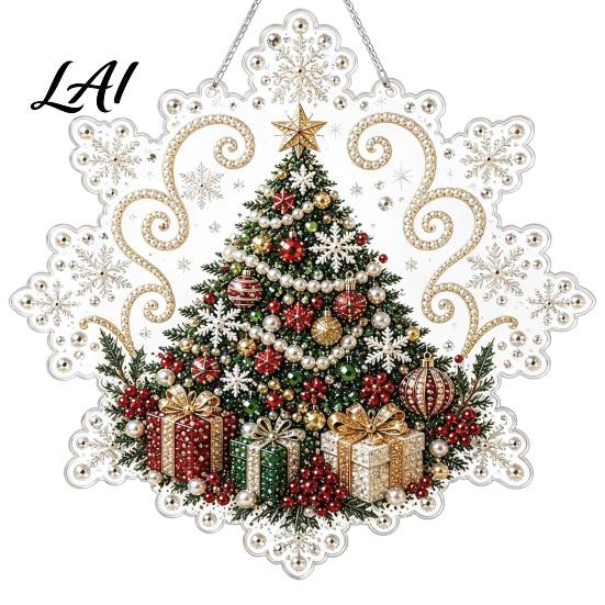 Festive Wall Hanging Ornament Christmas Faux Pearl Painting Suncatcher Kit Acrylic Snowflake Shaped Board with Lace Crystal Beading Craft Set