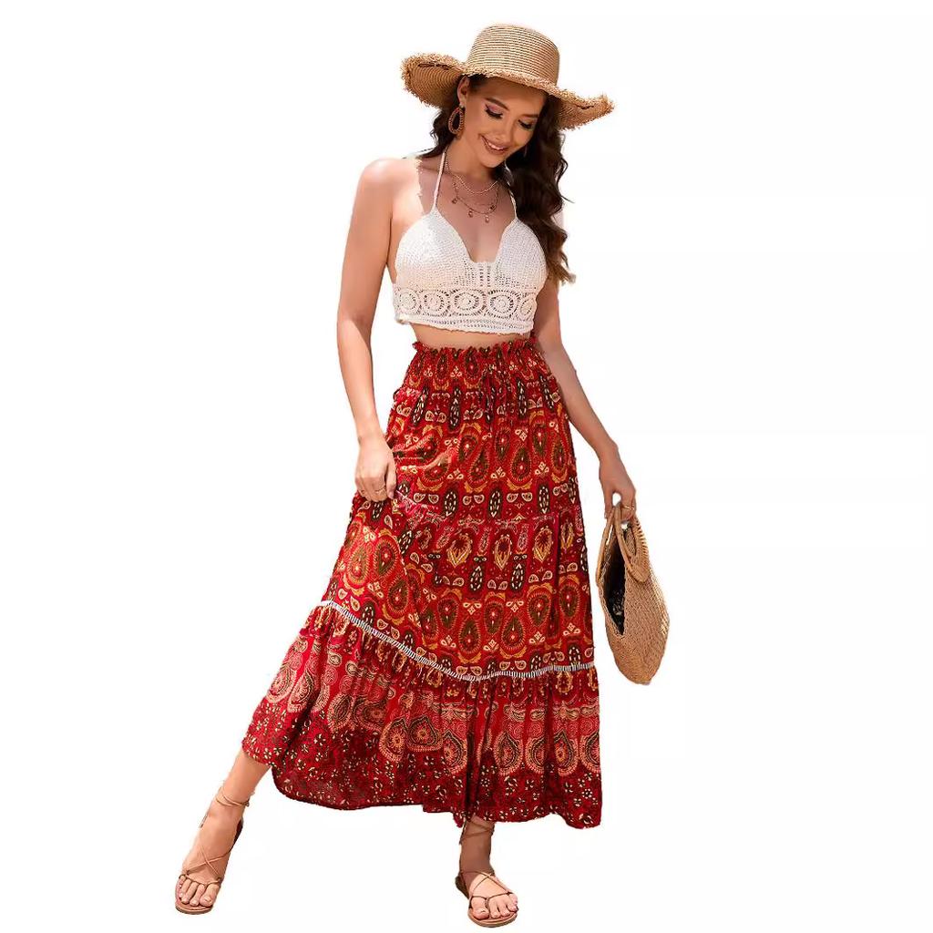2025 Spring Summer Bohemian Ethnic Lace Trim Cotton Maxi Skirt, Vacation Style Long Skirt