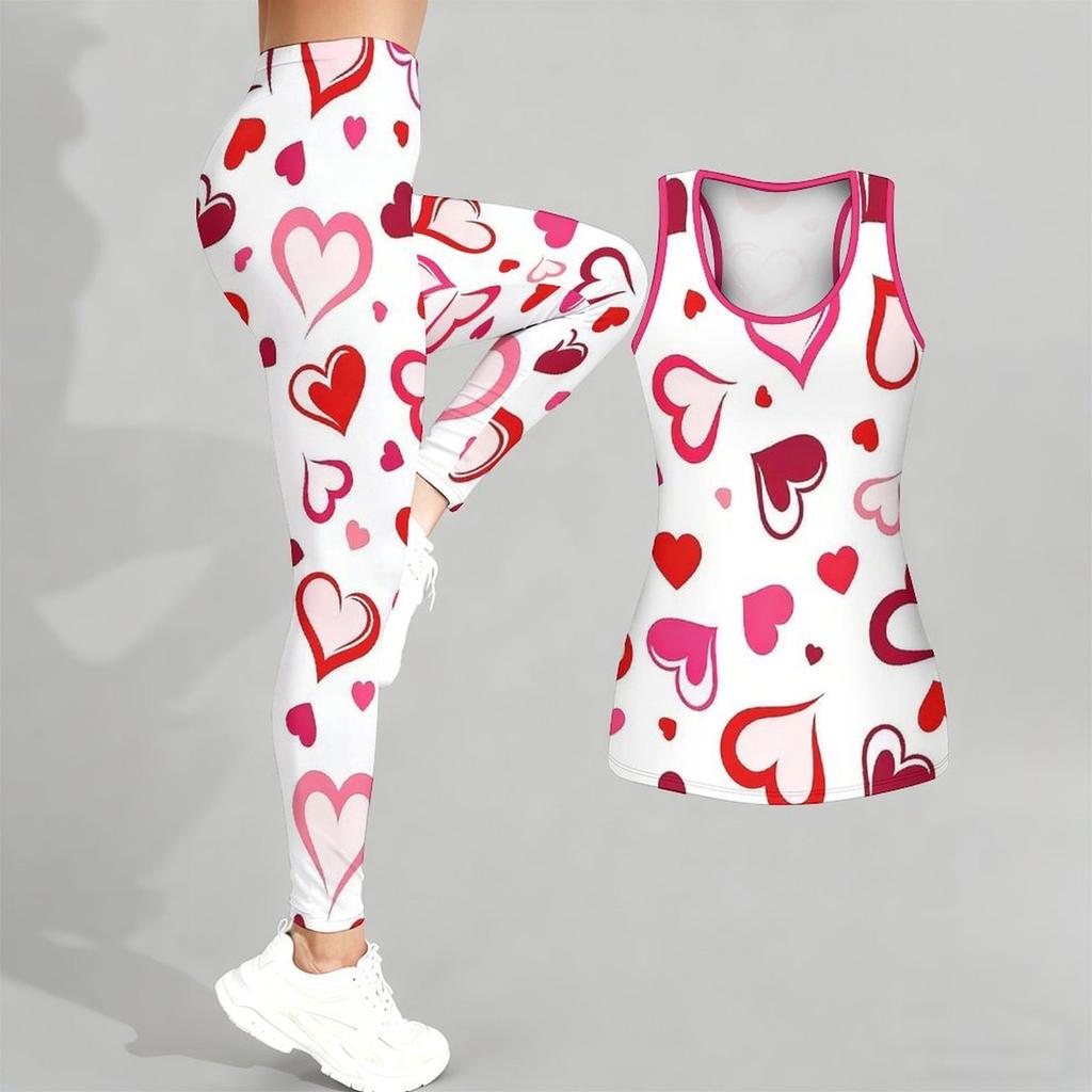 Комплект для йоги с принтом в виде сердечек для женщин, модные леггинсы для тренировок, фитнес, спорт, повседневный набор для йоги, спортивный костюм, эксклюзив ко Дню святого Валентина