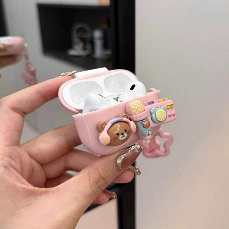 Мультяшный чехол для наушников Apple AirPods 1 /1/1 в виде медведя с ушками и музыкальным кулоном Pro1, противоударный защитный чехол