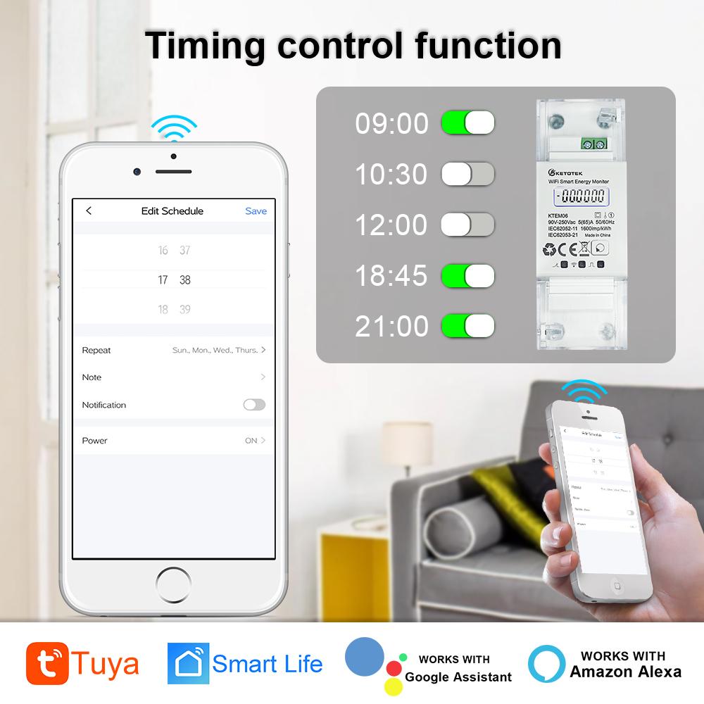 Single Phase Din Rail WIFI Smart Energy Meter Power Consumption Meter KWh Watt Meter with Alexa for Smart Home