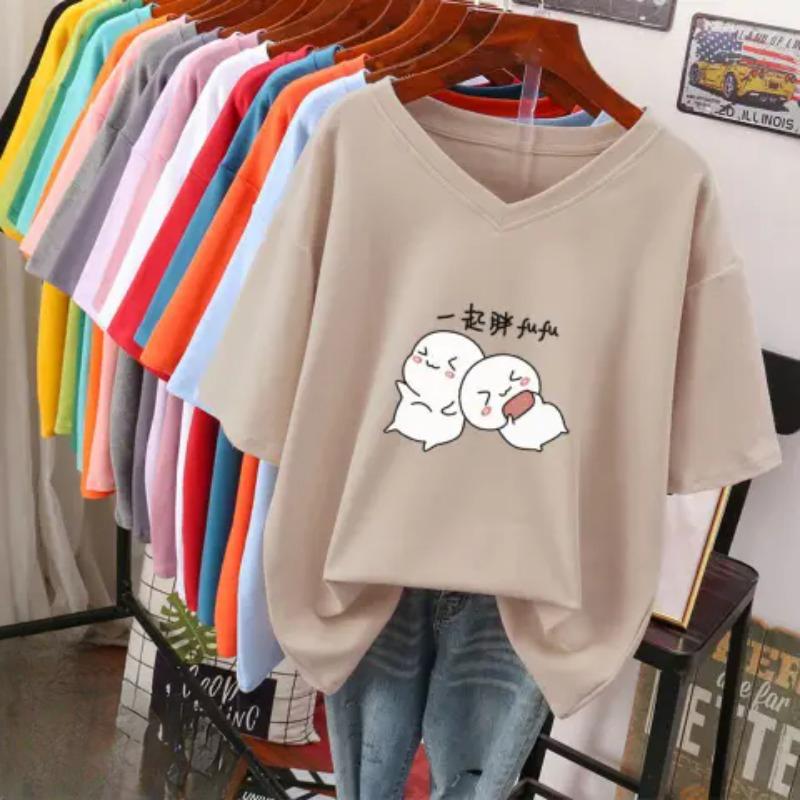 Футболка с коротким рукавом, Свободного кроя, Приталенный топ с V-образным вырезом с принтом для женщин