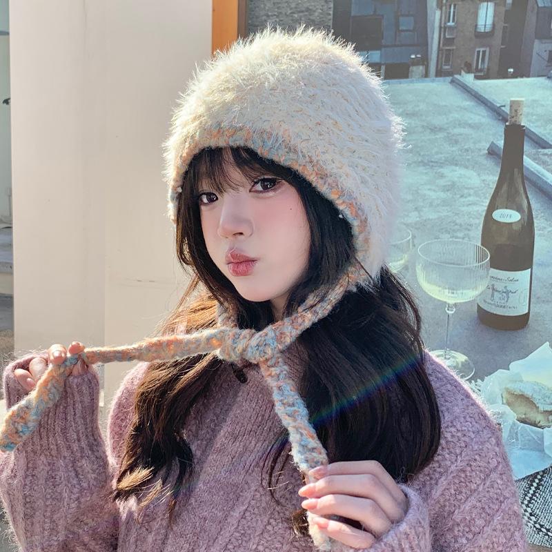 Зимняя теплая маленькая плюшевая вязаная шапка с контрастным рисунком, двойная защита для ушей, милая шерстяная шапка, шапка Lei Feng