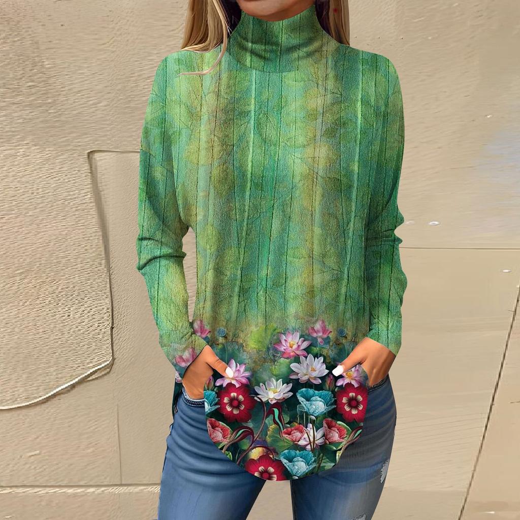 Tee Shirts For Women Fall Casual Long Sleeve Shirts Sweatshirt Vintage Printed High Neck Top Pullover