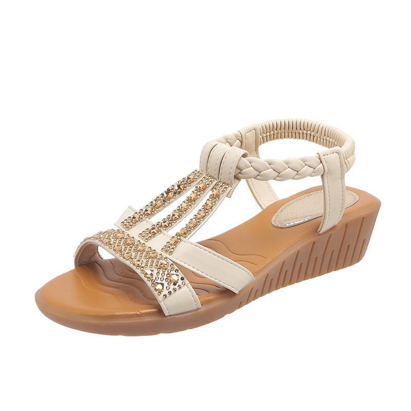 Летние босоножки в корейском стиле на танкетке в стиле бохо со стразами в римском стиле — большой размер, модные и удобные