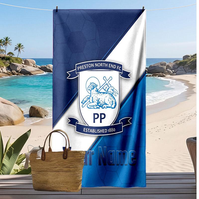 Preston North End Personalized Printed Beach Towel Soccer Logo Support Custom Name Text Absorbent Towel For Sport Travel Special Gift