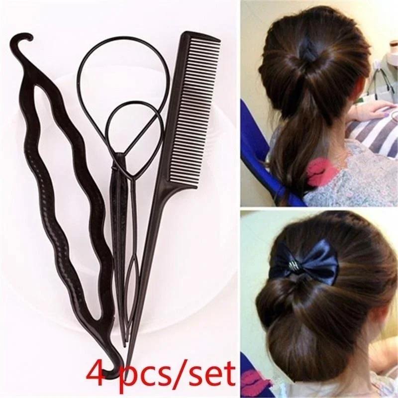 Portable 4 Pcs Hair Styling Tools Braid Tool Loop Elastic Hair Bands Rat Tail Comb Metal Pin Tail Braiding Combs Hairstyle Tools