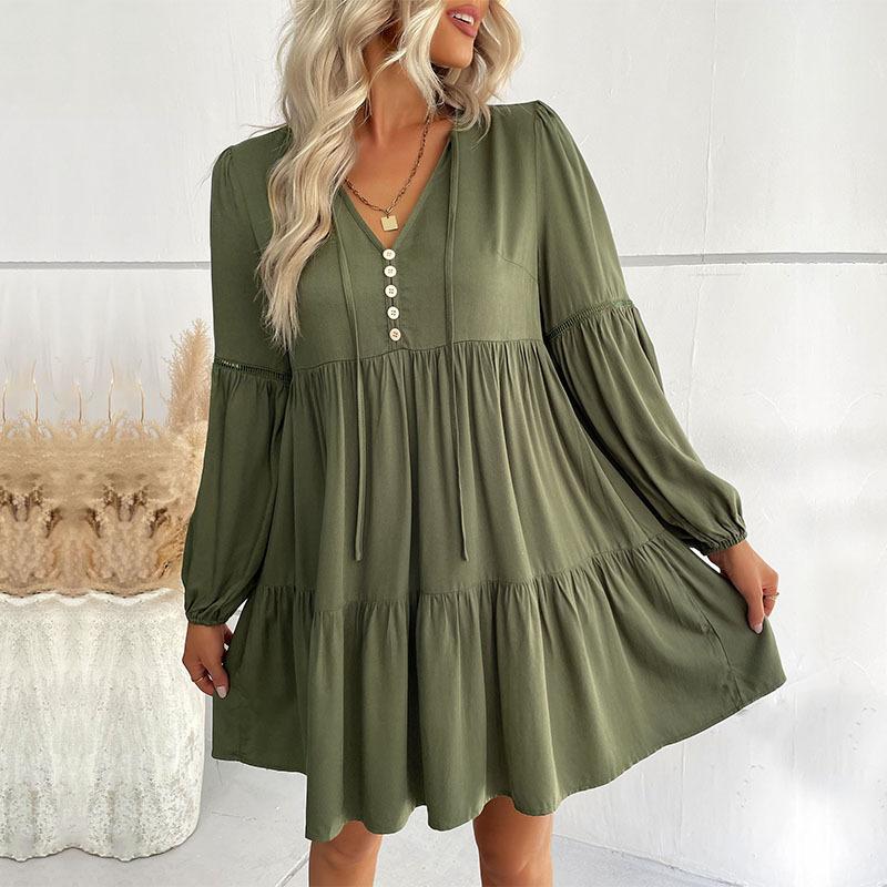 [Baizhiyi] New autumn simple style short loose v-neck pleated solid color dress