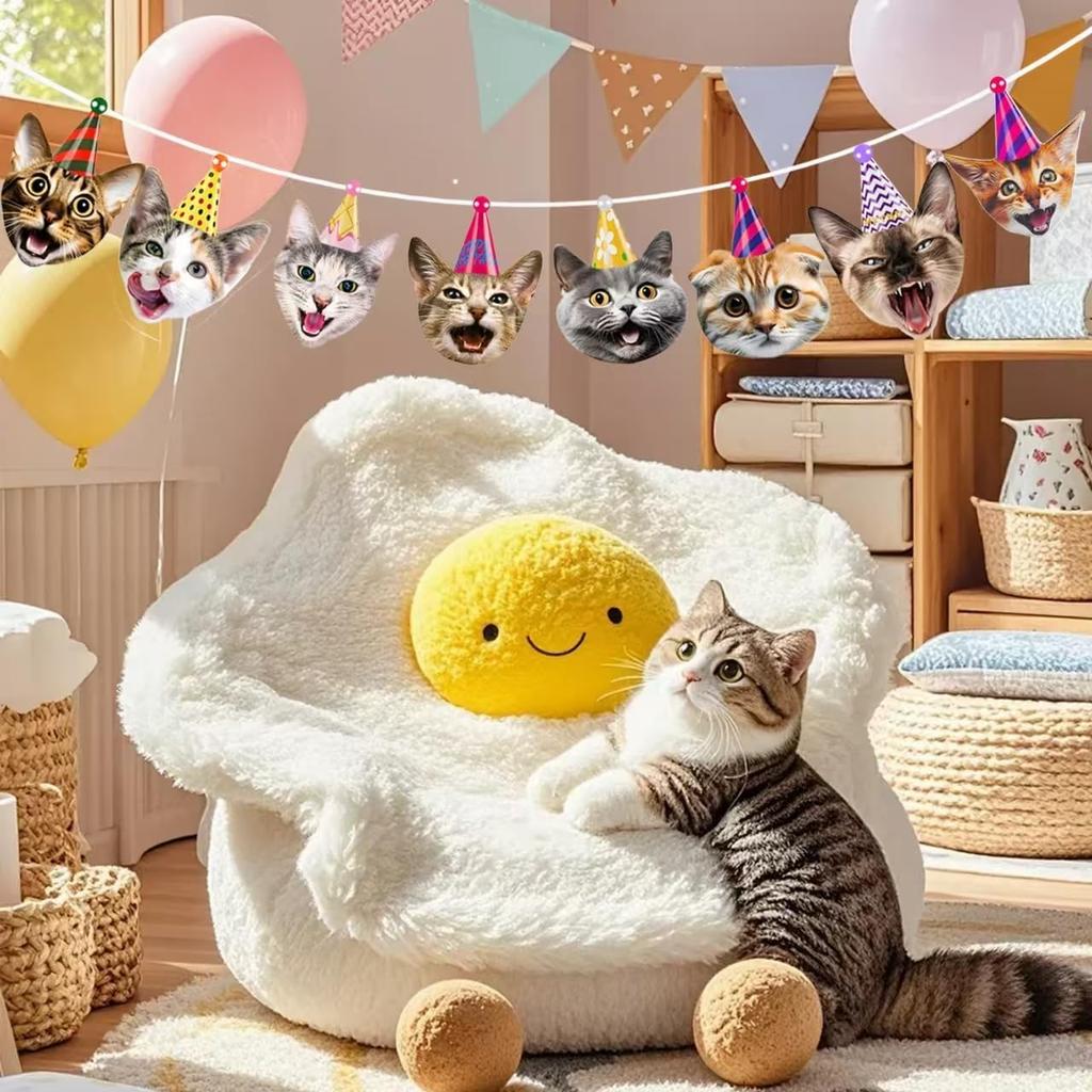 Funny Party Decorations Kids Boys Girls Women Men Adult Birthday Garland Cat Faces Happy Birthday Banner Kitten Bunting Photo Props for Cat Themed