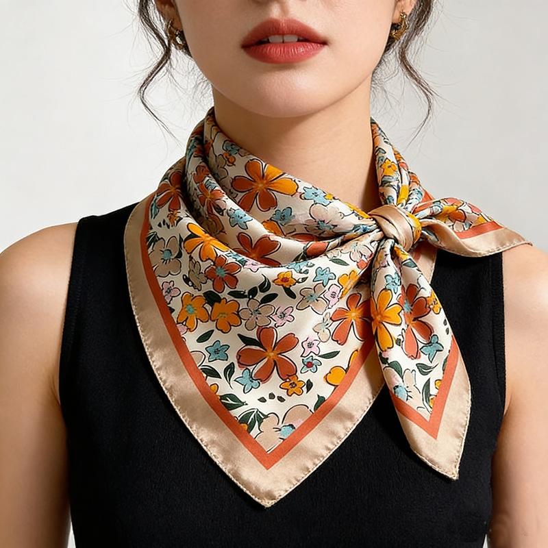 Silky Square Scarf Floral Print Headscarf Neck Scarf Bandana For Women Fashion Travel Daily Use