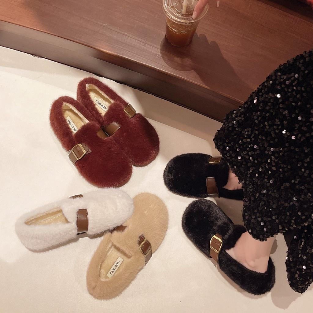 Wear French Fluff 2025 New Velvet Cotton Shoes Single Shoes Doudou Autumn and Winter Fluffy Shoes Female Mary Jane One Pedal