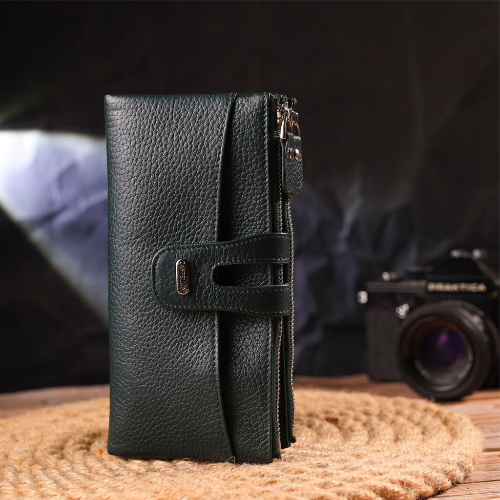 Вместительный женский кошек из натуральной зернистой кожи CANPELLINI Wallet 21633 Зеленый