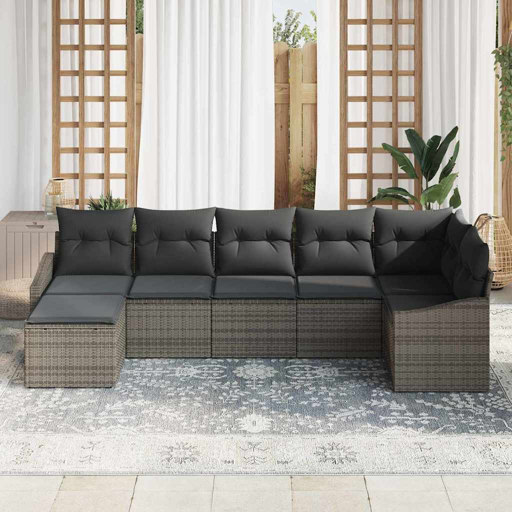 7 Piece Sofa Set with Cushions Gray Poly Rattan