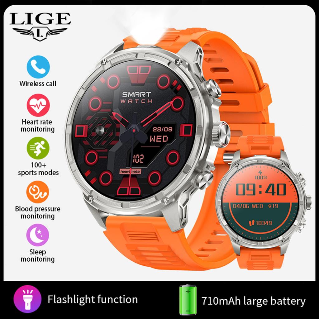 LIGE 2024 Новые военные умные часы 710 мАч светодиодный фонарик Bluetooth звонок мужские умные часы водонепроницаемые для спорта на открытом воздухе фитнес умный браслет