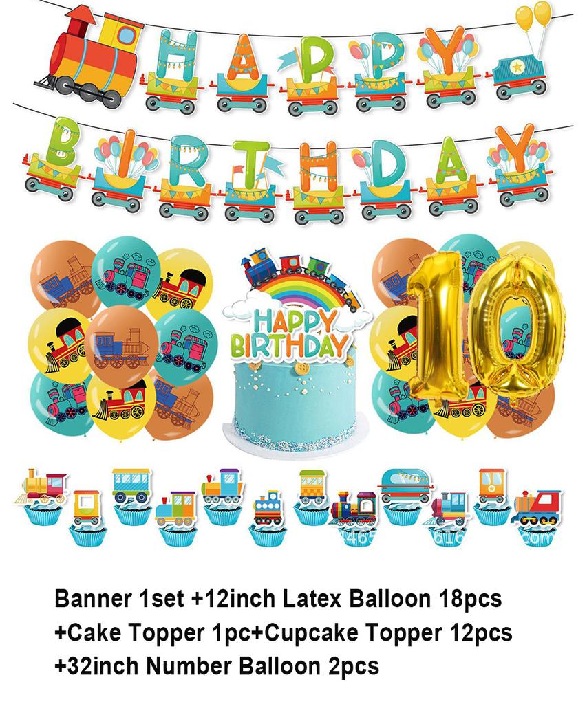 Cartoon Train Theme Birthday Party Decoration Number Balloons Cake Topper Transportation Vehicles Backdrop Banner Party Supplies