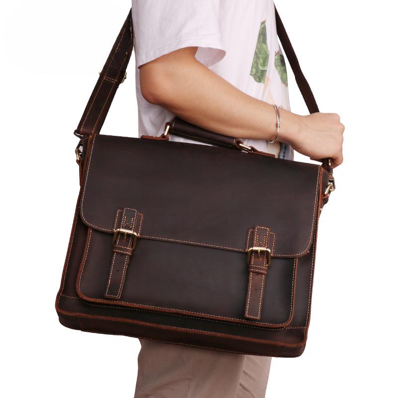 Genuine Leather Men's Briefcase Business Vintage Tote Computer Bag Men's Crazy Horse Leather Multifunctional Bag for Men