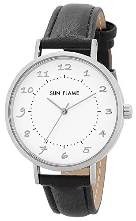 SUN FLAME Сделано в Японии Унисекс Часы MJG-B26-BK Черные, Кожаный Ремешок, Круглый Корпус, Кварцевые Аналоговые