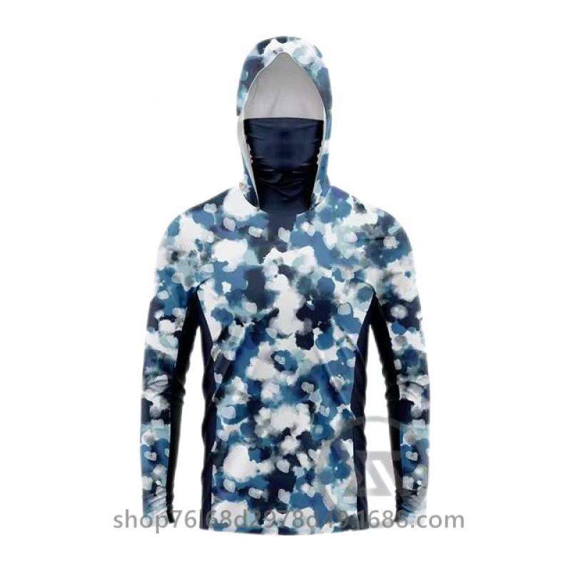 Mens Quick-Dry Ice Silk Long Sleeve Fishing Shirt With Hood Integrated Face Cover Camo Outdoor Performance Top