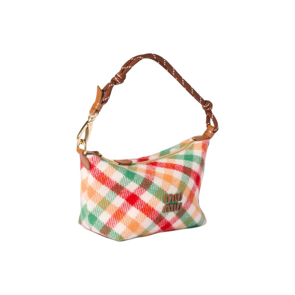 Miu Miu Plaid Logo Wool Tote Bag Women Handbags Red Green 5NE841_2IFK_F0Q6N