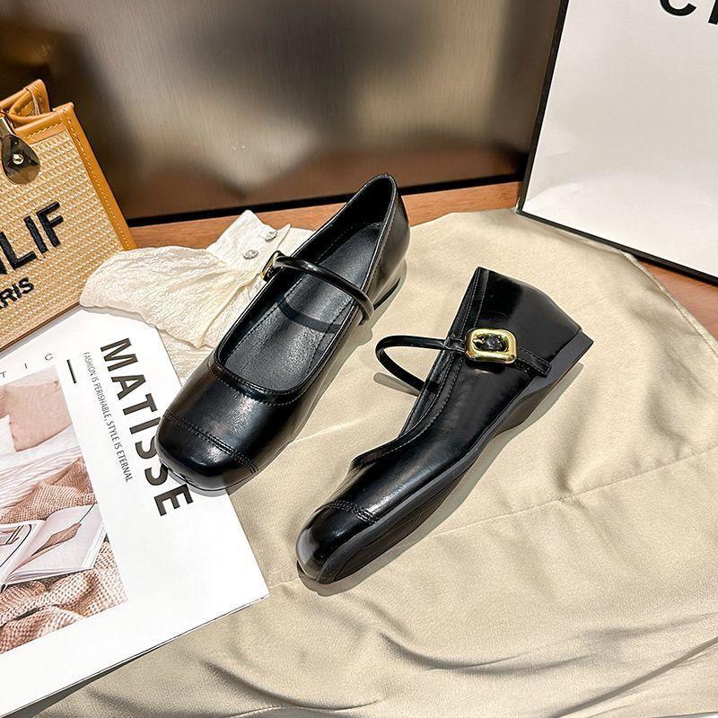 French Small Inner Height Increase Small Leather Shoes Women's One-word Buckle with Square Buckle Shallow Mouth Mary Jane Single Shoes 2025 Spring