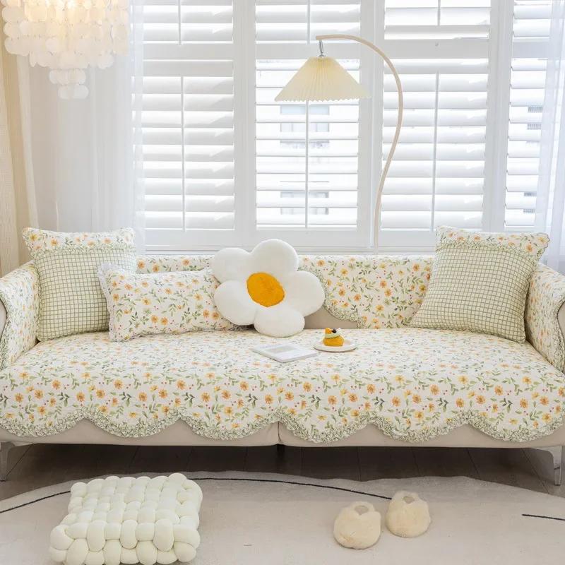 Pure Cotton Simple Dustproof Sofa Mat Retro Small Floral Comfortable Cushion Four Seasons Universal Anti Slip Couch Cover Cloth