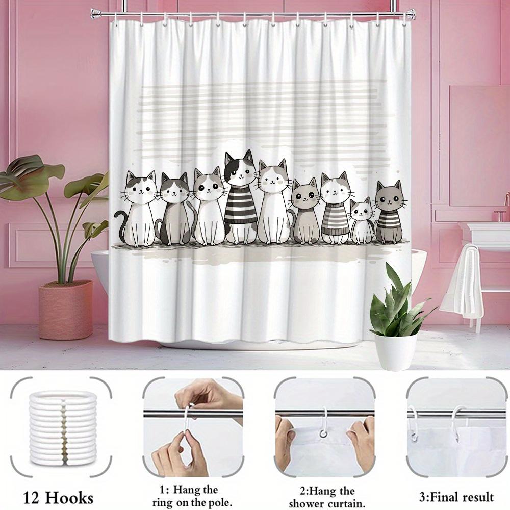 "Cute Cartoon Cats Shower Curtain, Family Cat Pattern Bathroom Decor, Waterproof Polyester Fabric, Multiple Sizes Available"