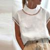 Women Blouse Solid Color Hollow Top Casual Stand Collar Cotton Linen Blouses Ladies Lace Patchwork Breathable Shirt