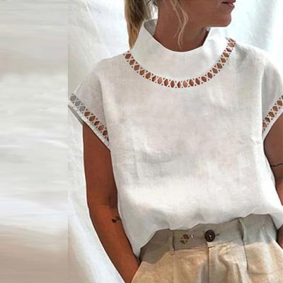 Женская блузка, однотонная, с открытыми плечами, повседневная, с воротником-стойкой, женская кружевная лоскутная дышащая рубашка