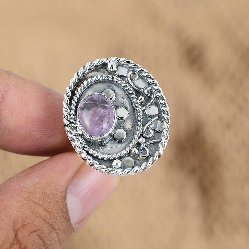 Подарок для нее Серебряное кольцо 925 пробы с натуральным африканским аметистом и россыпью камней, регулируемое